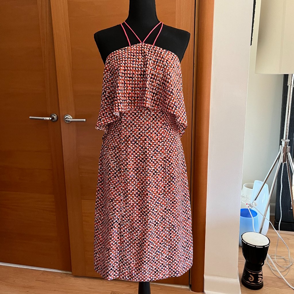 Sachin & Babi Halter Cross-Back Flounce Top Midi Dot Patterned Dress Size 4